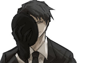 1boy arm_up black_eyes black_gloves black_hair black_jacket black_mask black_necktie black_suit collared_shirt commentary_request covering_own_face curtained_hair formal_clothes gloves holding holding_mask jacket kankan33333 library_of_ruina male_focus mask necktie project_moon roland_(project_moon) shirt suit suit_jacket v-shaped_eyebrows white_background