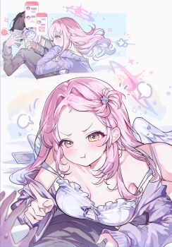 0202ase 1boy 1girl absurdres alternate_costume alternate_hairstyle bare_shoulders blue_archive blush breasts cardigan cellphone cleavage closed_mouth commentary_request doodle_sensei_(blue_archive) feathered_wings forehead grey_shirt hairstyle_request halo highres holding holding_phone large_breasts looking_at_viewer mika_(blue_archive) open_cardigan open_clothes panties phone pink_hair pink_halo pout pov purple_cardigan sensei_(blue_archive) shirt sleeveless sleeveless_shirt smartphone underwear white_panties white_shirt white_wings wings yellow_eyes