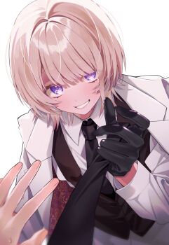 1girl absurdres alternate_hair_color black_gloves black_necktie black_vest blonde_hair blunt_bangs bob_cut clothes_grab collared_shirt commentary_request gloves grin highres hololive hololive_dev_is jacket jacket_on_shoulders looking_at_viewer maki_oimo necktie necktie_grab neckwear_grab pants pov purple_eyes shirt short_hair smile todoroki_hajime vest white_jacket white_pants white_shirt