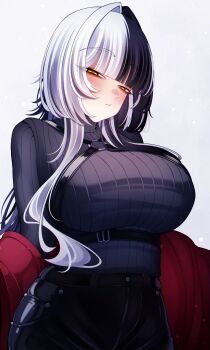 1girl absurdres alternate_costume black_hair black_pants breasts chest_harness commentary craymer grey_hair grey_sweater harness highres hololive hololive_english jacket large_breasts leather leather_pants leather_strap long_hair looking_at_viewer multicolored_hair o-ring o-ring_harness pants red_jacket removing_jacket ribbed_sweater shiori_novella simple_background solo split-color_hair sweater turtleneck two-tone_hair virtual_youtuber white_background yellow_eyes