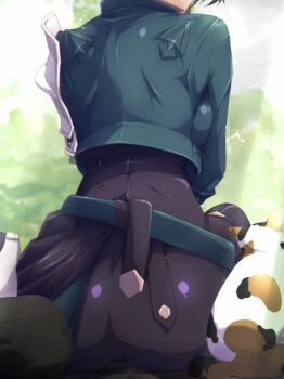 1girl animal aqua_belt aqua_jacket armor ass ass_focus belt black_hair black_pants breasts cat commentary_request cropped_jacket fire_emblem fire_emblem:_three_houses from_behind hashtag-only_commentary jacket large_breasts long_sleeves nintendo pants pauldrons shamir_nevrand shoulder_armor single_pauldron yanmarson