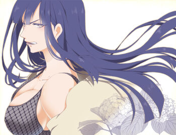 1girl angry b-cat bare_shoulders blue_hair breasts cleavage clenched_teeth female_focus flower from_side grey_eyes hyuuga_hinata large_breasts lips lipstick long_hair makeup naruto:_road_to_ninja naruto_(series) naruto_shippuuden purple_hair scowl sideboob simple_background solo teeth white_background white_eyes
