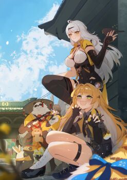 2boys 2girls 2others bangboo_(zenless_zone_zero) belion_(zenless_zone_zero) black_fur black_shorts blonde_hair brown_hair cat chinese_clothes claw_pose commentary english_commentary eous_(zenless_zone_zero) highres ju_fufu looking_at_another looking_at_viewer looking_to_the_side multicolored_fur multiple_boys multiple_girls multiple_others open_mouth orange_cat pan_yinhu round_eyewear shirt shorts smile toffy_narufy white_fur white_hair wok ye_shiyuan yellow_shirt yixuan_(zenless_zone_zero) yunkui_summit_(zenless_zone_zero) zenless_zone_zero