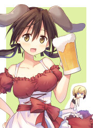 Rule 34 | 2girls, alcohol, animal ears, beer, beer mug, blonde hair, blue eyes, blush, breasts, brown eyes, brown hair, cleavage, cup, dirndl, dog ears, erica hartmann, german clothes, gertrud barkhorn, hair ribbon, hand on own hip, hatsukaze33, holding, holding cup, large breasts, long hair, looking at viewer, mug, multiple girls, open mouth, ribbon, short hair, simple background, smile, strike witches, twintails, world witches series