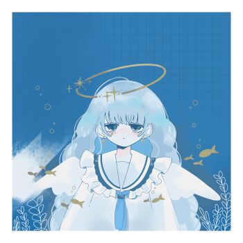 1girl blue_eyes blue_theme blunt_bangs border bubble closed_mouth cross cross_earrings earrings expressionless fish frills grey_hair halo highres jewelry long_hair looking_at_viewer original school_of_fish solo square sskitaco sticker sticker_on_face upper_body wavy_hair white_border white_wings wings yellow_halo