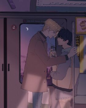 2boys a_co_pi ash_lynx banana_fish black_hair black_shirt blonde_hair blue_eyes blue_pants brown_bag brown_coat brown_pants closed_eyes coat earphones grey_hoodie hood hoodie long_sleeves looking_at_another male_focus moon multiple_boys night okumura_eiji pants shared_earphones shirt short_hair smile train yaoi