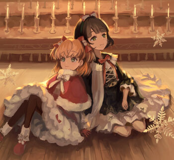 2girls aqua_eyes black_dress black_hair black_pantyhose boots bow bow_hairband capelet cerise_bouquet clip_studio_paint_(medium) closed_mouth commentary dress frilled_dress frills fur-trimmed_capelet fur_trim fuyu_no_okurimono_(love_live!) gloves green_eyes green_hairband hair_bow hairband highres hinoshita_kaho holy_night_tale_(love_live!) knees_up lao_ren_xing link!_like!_love_live! long_sleeves love_live! making-of_available medium_dress medium_hair momose_ginko multiple_girls no_lineart orange_hair pantyhose red_boots red_bow red_capelet red_gloves sitting smile snowflakes split_mouth three-quarter_sleeves virtual_youtuber yokozuwari