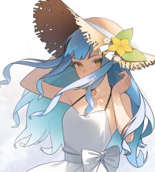 Rule 34 | 1girl, arm up, bang dream!, bang dream! it&#039;s mygo!!!!!, bare arms, bare shoulders, blue hair, bow, brown hat, collarbone, covered mouth, dress, dress bow, floating hair, flower, gradient background, grey background, guyijun, hair over mouth, halter dress, halterneck, hand on headwear, hand up, hat, hat flower, hat ribbon, highres, long hair, looking at viewer, ribbon, shade, sidelocks, solo, straw hat, sun hat, sundress, togawa sakiko, upper body, wavy hair, white background, white dress, white flower, white ribbon, yellow eyes, yellow flower