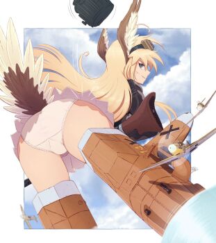 1girl airplane ass bf_109 blonde_hair blue_eyes blue_sky border cloud drum_magazine goggles goggles_on_head hanna-justina_marseille highres long_hair looking_at_viewer magazine_(weapon) military_vehicle outside_border panties propeller_fighter raps_(yohomeboyraps) sky smile solo striker_unit thighs underwear unworn_headwear white_border white_panties witches_of_africa world_witches_series