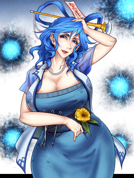 1girl arm_up between_fingers blue_dress blue_eyes blue_hair breasts cleavage collared_vest commentary_request cowboy_shot dress energy_ball flower hair_between_eyes hair_ornament hair_rings hair_stick highres holding huge_breasts kaku_seiga lipstick looking_at_viewer makeup medium_hair mole mole_on_breast mole_under_mouth ofuda ofuda_between_fingers open_clothes open_vest ryuuichi_(f_dragon) short_sleeves smile solo tools touhou vest wavy_hair white_background yellow_flower