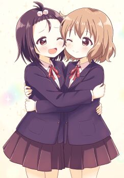 2girls ;) ;d blonde_hair blue_jacket blush brown_eyes brown_hair brown_skirt commentary couple cube_hair_ornament dress_shirt forehead gradient_eyes hair_ornament highres honzoumiz hug jacket multicolored_eyes multiple_girls neck_ribbon ogawa_kokoro one_eye_closed oomuro-ke open_mouth pleated_skirt red_ribbon ribbon school_uniform shirt short_hair skirt smile souma_mirai white_shirt yuri yuruyuri