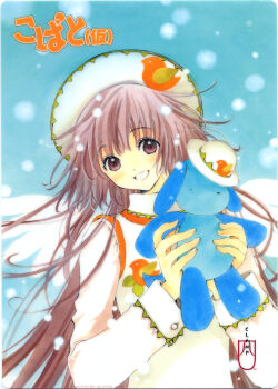 00s 1girl :d beret clamp female_focus fur_trim grin hanato_kobato hat highres holding ioryogi kobato. long_hair long_sleeves looking_at_viewer open_mouth smile solo stuffed_animal stuffed_toy teeth