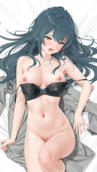 1girl blue_hair blush bottomless bra bra_pull breasts clothes_pull commentary dakimakura_(medium) gakuen_idolmaster green_eyes highres idolmaster large_breasts long_hair lying navel nipples on_back open_mouth orange_maru saliva solo sweat tsukimura_temari underwear yd_(orange_maru)