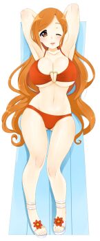 1girl absurdres bikini bleach breasts brown_eyes chair cleavage curvy female_focus flower heart heart-shaped_pupils highres huge_breasts inoue_orihime long_hair lounge_chair nashirasauce o-ring o-ring_bikini orange_bikini orange_hair sandals swimsuit symbol-shaped_pupils very_long_hair