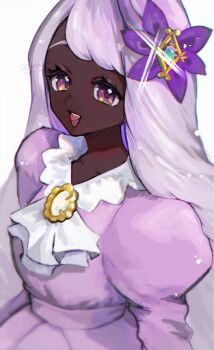 1girl ascot brooch dark-skinned_female dark_skin diffraction_spikes dress fascinator frilled_ascot frills gliny highres jacinthe_(pokemon) jewelry koyuuuuuuuuuuu long_hair looking_at_viewer low_drills mega_stone nintendo open_mouth pokemon pokemon_legends:_z-a purple_dress purple_eyes purple_hair smile solo teeth upper_body upper_teeth_only very_dark_skin