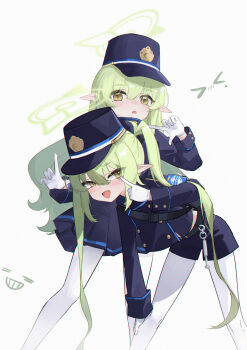 Rule 34 | > <, 2girls, :d, = =, absurdres, armband, bag, behind another, bent over, blue archive, blue armband, blue hat, blue shirt, blue shorts, blue skirt, buttons, chestnut mouth, commentary, dot nose, double-breasted, double-parted bangs, emoticon, eyelid pull, eyes visible through hair, fang, feet out of frame, finger frame, gloves, green eyes, green hair, grin, hair between eyes, halo, hand on own knee, hand up, hands up, hat, highres, hikari (blue archive), kepi, light blush, long hair, long sleeves, looking at viewer, louloulou, mesugaki, military hat, miniskirt, multiple girls, nozomi (blue archive), open mouth, pantyhose, pointy ears, raised inner eyebrows, shirt, short shorts, shorts, shoulder bag, siblings, sidelocks, simple background, sisters, skin fang, skirt, smile, smug, standing, teasing, train conductor, triangle mouth, twins, twintails, untranslatable commentary, very long hair, whistle, white background, white gloves, white pantyhose, yellow halo