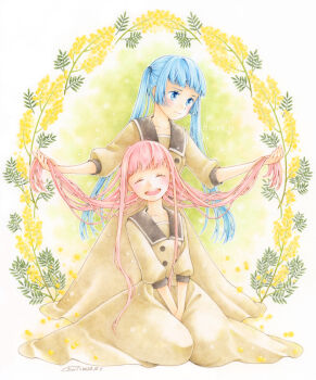 2girls absurdres blue_eyes blue_hair chiori_n closed_eyes colored_pencil_(medium) commentary_request dress expressionless facing_viewer highres holding_another's_hair long_hair multiple_girls open_mouth original pink_hair sailor_dress sitting smile traditional_media twintails very_long_hair wreath