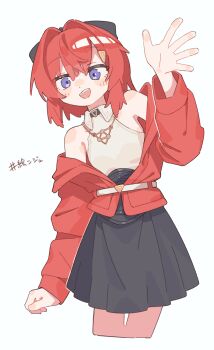 Rule 34 | 1girl, :d, absurdres, ange katrina, arm up, bare shoulders, black bow, black skirt, blush stickers, bow, collared shirt, cropped legs, dot nose, double-parted bangs, hair between eyes, hair bow, hair intakes, hashtag, hashtag-only commentary, highres, jacket, long sleeves, nanoni!, nijisanji, off shoulder, open clothes, open jacket, open mouth, pleated skirt, purple eyes, red hair, red jacket, shirt, short hair, simple background, skirt, sleeveless, sleeveless shirt, smile, solo, virtual youtuber, white background, white shirt