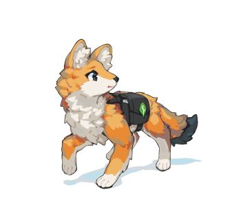 1girl 2023 absurdres animal_hands backpack bag black_eyes chest_tuft chinese_commentary commentary english_commentary furry furry_female highres krita_(medium) leaf_ornament looking_back nervous original parted_lips qiuye_the_spirit_dhole_(animal_form) raised_inner_eyebrows shy signature simple_background spirit_animals_in_disguise standing tail tetrapod tsurime tyson_tan yellow_fur