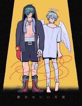 Rule 34 | 2boys, ^ ^, abs, ahoge, angel, angel wings, artist name, bandaged hand, bandaged torso, bandages, bandaid, bandaid on cheek, bandaid on face, barefoot, black background, black boots, black jacket, black shorts, blush, boots, boxing gloves, choker, closed eyes, closed mouth, collarbone, commentary request, crossed bangs, dog tags, drawstring, expressionless, feathered wings, feet, gauze, gauze on knee, green hair, grey hair, grin, gym shorts, hair between eyes, hair over one eye, halo, highres, holding hands, hood, hood up, hooded jacket, jacket, jewelry, lace-up boots, lighter (zenless zone zero), long sleeves, looking at viewer, male focus, multiple boys, multiple scars, necklace, one eye covered, open clothes, open jacket, pants, parted bangs, pectorals, scar, scar on chest, scar on leg, scar on shoulder, scar on stomach, shirt, short sleeves, shorts, smile, standing, toes, towel, towel around neck, translation request, twitter username, urouroshiro, white choker, white pants, white shirt, white wings, wings, wise (zenless zone zero), zenless zone zero