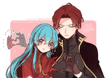 Rule 34 | 1boy, 1girl, 2025, aqua eyes, aqua hair, black cape, black gloves, black shirt, blush, breasts, cape, commentary request, eirika (fire emblem), embarrassed, fire emblem, fire emblem: the sacred stones, gloves, happy, heart, heart hands, heart hands duo, hetero, high collar, long hair, long sleeves, nintendo, red hair, red shirt, sayu030b, seth (fire emblem), shirt, short hair, small breasts, sparkle, trembling, twitter username, two-tone background, upper body, watermark, white background
