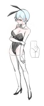 Rule 34 | 1girl, absurdres, angela (project moon), animal ears, black leotard, black shoes, blue hair, fake animal ears, fake tail, full body, gloves, hand on own arm, hashtag-only commentary, helseujang, high heels, highres, leotard, library of ruina, playboy bunny, project moon, rabbit ears, shoes, short hair, simple background, solo, tail, thighhighs, white background, white gloves, white thighhighs