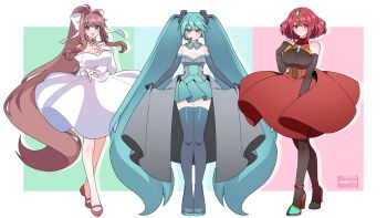 alternate_costume breasts crossover doki_doki_literature_club hatsune_miku highres kotohatoko510 large_breasts medium_breasts monika_(doki_doki_literature_club) pyra_(xenoblade) small_breasts vocaloid xenoblade_chronicles_(series) xenoblade_chronicles_2