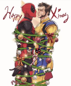2boys absurdres anger_vein beard belt blue_gloves bodysuit bound bound_together brown_hair candy candy_cane christmas_lights christmas_ornaments christmas_tree_costume clenched_hand deadpool deadpool_&amp;_wolverine deadpool_(series) facial_hair food gloves green_eyes gyeleul heart highres looking_at_another male_focus marvel mask merry_christmas multicolored_bodysuit multicolored_clothes multiple_boys muscular muscular_male parted_lips pectorals red_bodysuit red_mask short_hair superhero_costume tied_up_(nonsexual) two-tone_bodysuit utility_belt wolverine_(x-men) x-men yaoi yellow_bodysuit