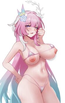 1girl absurdres aqua_hair bikini bikini_top_lift breasts clothes_lift commentary_request cowboy_shot cyrene_(honkai:_star_rail) cyrene_(ripples_of_past_reverie)_(honkai:_star_rail) diamond-shaped_pupils diamond_(shape) flower hair_flower hair_ornament highres honkai:_star_rail honkai_(series) large_breasts long_hair multicolored_hair navel nipples pink_hair pointy_ears purple_eyes simple_background solo stomach swimsuit symbol-shaped_pupils thighs very_long_hair white_background white_bikini white_hair xxddhhjk123