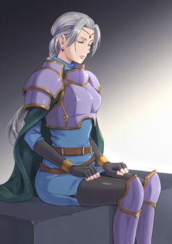 Rule 34 | 1girl, armor, black gloves, black pantyhose, blue dress, breastplate, breasts, character request, circlet, closed eyes, commentary request, commission, dress, earrings, feet out of frame, fingerless gloves, gloves, greaves, grey hair, highres, honma0220, jewelry, lips, long hair, medium breasts, pantyhose, pixiv commission, short dress, shoulder armor, sitting, solo, tear ring saga, tear ring saga series: berwick saga