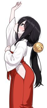 1girl absurdres bell black_hair breasts chuugoku_usagi hair_bell hair_ornament hakama highres japanese_clothes jingle_bell long_hair looking_up miko shiguren_39 simple_background small_breasts solo voicevox white_background