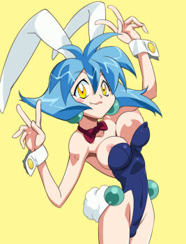 Rule 34 | 1girl, animal ears, armpits, bare shoulders, blue hair, blue leotard, blush, bow, bowtie, breasts, cleavage, collarbone, commentary request, covered navel, cowboy shot, detached collar, double v, drum (lamune), earrings, fake animal ears, fake tail, fang, jewelry, kaidou zx, large breasts, leotard, looking at viewer, medium hair, nipples, open mouth, playboy bunny, rabbit ears, rabbit tail, red ribbon, ribbon, simple background, smile, solo, strapless, strapless leotard, tail, thighs, underboob, v, vs knight lamune &amp; 40 fire, yellow background, yellow eyes