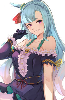 1girl animal_ears asymmetrical_sleeves bare_shoulders black_dress black_gloves blue_hair blush braid breasts center_frills collarbone commentary crown_braid daweykun dress english_commentary frills gloves grin highres horse_ears horse_girl long_hair looking_at_viewer medium_breasts mejiro_ardan_(clinochlore_line)_(umamusume) mejiro_ardan_(umamusume) off-shoulder_dress off_shoulder open_mouth purple_eyes simple_background smile solo teeth umamusume uneven_sleeves upper_body white_background