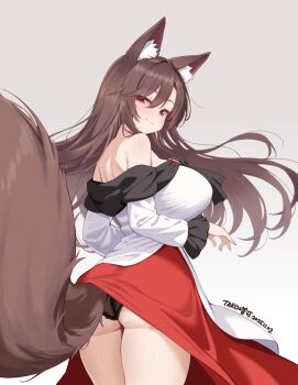 1girl animal_ears ass black_panties breasts brooch brown_hair cleavage dress huge_breasts imaizumi_kagerou ineedu041_tako jewelry long_hair panties red_eyes solo tail thighs touhou underwear wolf_ears wolf_girl wolf_tail
