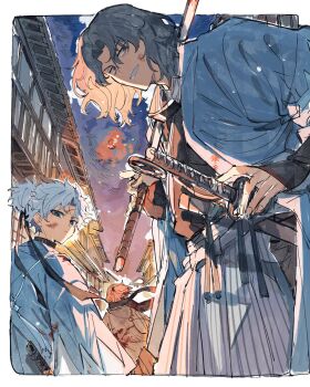 1girl 2boys aqua_haori architecture bags_under_eyes black_kimono black_scarf blonde_hair blood blood_on_clothes blue_eyes east_asian_architecture fate/grand_order fate_(series) from_behind grey_hair grey_hakama hakama haori headband_around_neck highres holding holding_sword holding_weapon japanese_clothes katana kimono looking_at_viewer multiple_boys okita_souji_(fate) okita_souji_(teal_haori_and_hakama)_(fate) outdoors over_shoulder ponytail saitou_hajime_(fate) saitou_hajime_(third_ascension)_(fate) scar scar_on_face scar_on_forehead scarf sheath sheathed shinsengumi_(fate) short_ponytail sword sword_over_shoulder tasuki toramaru_(696anna) toudou_heisuke_(fate) toudou_heisuke_(third_ascension)_(fate) turtleneck unsheathed unworn_headband wavy_hair weapon weapon_over_shoulder white_hair