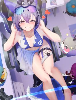 1girl absurdres barefoot bikini blue_bikini blue_sarong breasts chair collarbone commentary_request controller cake_cat_(honkai:_star_rail) from_above game_controller gaming_chair goggles goggles_on_head grey_hair headphones heart highres honkai:_star_rail honkai_(series) indoors kafka_(honkai:_star_rail) looking_at_viewer memeiradesuyo origami_bird_(honkai:_star_rail) sarong short_hair silver_wolf_(honkai:_star_rail) sitting small_breasts smile solo swimsuit swivel_chair thigh_strap