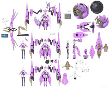 Rule 34 | arm armor, armored boots, bare shoulders, blue eyes, blunt ends, boots, bow (weapon), breasts, concept art, convallaria, drone, full body, headpiece, highres, lance, large breasts, leotard, long hair, mecha musume, polearm, shield, starward, thighhighs, very long hair, weapon, white hair, zhu fun