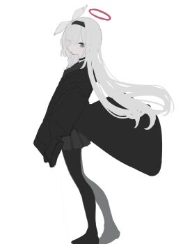 1girl black_choker black_coat black_eyes black_hairband black_pantyhose black_shoes black_skirt blue_archive blush braid choker closed_mouth coat eyes_visible_through_hair full_body grey_hair hair_over_one_eye hairband halo highres long_hair long_sleeves looking_at_viewer nun0n0 pantyhose plana_(blue_archive) pleated_skirt red_pupils school_uniform serafuku shoes simple_background skirt sleeves_past_fingers sleeves_past_wrists solo standing very_long_hair white_background white_hair