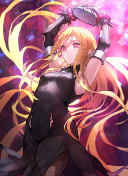 Rule 34 | 1girl, armpits, arms up, bead bracelet, beads, black dress, black gloves, blonde hair, bracelet, breasts, cowboy shot, crying, crying with eyes open, cuffs, dress, elbow gloves, evileye (overlord), floating hair, from below, gloves, highres, holding, holding mask, jewelry, keyhole, long hair, looking at viewer, mask, miyamoto satoru, overlord (maruyama), red eyes, shackles, sidelocks, simple background, sleeveless, sleeveless dress, solo, tears, torn clothes, torn gloves, unworn mask
