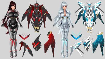 1girl absurdres black_bodysuit bodysuit breasts brown_hair closed_mouth commentary covered_navel english_commentary grey_background grey_bodysuit grey_hair highres long_hair mecha mole mole_on_breast mole_under_eye multiple_moles nijisanji nijisanji_en official_alternate_color official_alternate_hair_color ponytail red_eyes reference_sheet riz3 robot scarle_yonaguni scarle_yonaguni_(mecha_musume) second-party_source smile thigh_gap virtual_youtuber