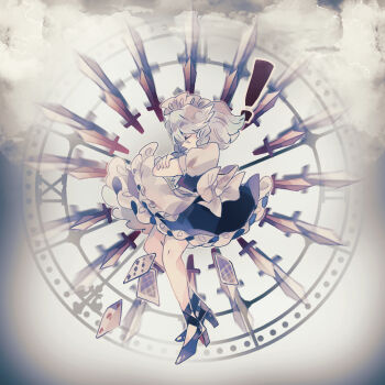 1girl apron back_bow blue_skirt bow braid braided_sidelock card clock closed_eyes commentary frilled_apron frilled_hairband frilled_skirt frills from_side hairband high_heels highres izayoi_sakuya knife maid maid_apron maid_headdress puffy_sleeves ratto_(mobilis_1870) short_hair skirt solo touhou white_apron white_bow white_hair white_hairband