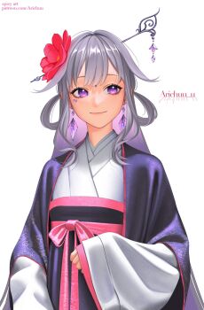 1girl alternate_costume arichuu_u check_clothing chima_(clothes) chinese_hairpin closed_mouth clothing_request colored_inner_hair commentary english_commentary flower gem gradient_hair grey_hair hair_flaps hair_flower hair_ornament hair_rings hair_stick hanbok highres hololive hololive_english jacket korean_clothes koseki_bijou long_hair multicolored_hair purple_eyes purple_gem purple_hair purple_hanbok purple_jacket side_up_ring sidelocks simple_background smile solo upper_body very_long_hair virtual_youtuber white_background white_hanbok wide_sleeves