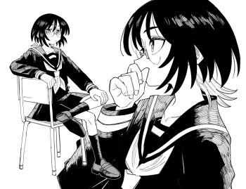 1girl bespectacled black_serafuku chair chorohanage desk glasses greyscale highres kneehighs monochrome multiple_girls multiple_views original school_chair school_desk school_uniform serafuku shoes short_hair sitting skirt socks