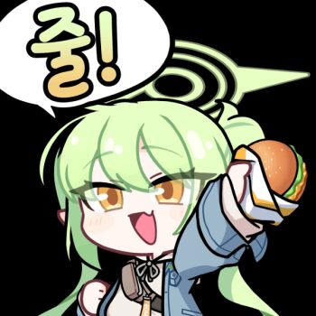 1girl :d acomu414 animated animated_gif blinking blue_archive blue_jacket burger fang food green_hair green_halo grey_sweater halo holding holding_burger holding_food jacket korean_text long_hair long_sleeves nozomi_(blue_archive) nozomi_(mom&#039;s_touch)_(blue_archive) official_alternate_costume open_mouth pointy_ears simple_background skin_fang smile solo speech_bubble sweater translation_request transparent_background twintails upper_body yellow_eyes