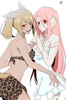 Rule 34 | 2girls, absurdres, adashino adami, alternate species, animal ears, animal print, au ra, bbabbamis2, blonde hair, borrowed character, cat ears, cat girl, cat tail, commentary request, cowboy shot, dress, final fantasy, final fantasy xiv, highres, homicipher, horns, kemonomimi mode, korean commentary, leopard print, long hair, looking at viewer, miqo'te, multiple girls, pink hair, red eyes, ringed eyes, simple background, skirt, slit pupils, tail, very long hair, white background, white dress