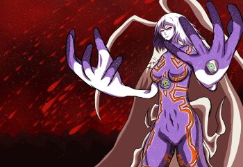 1girl alien antennae breasts colored_sclera colored_skin commentary fate/extella fate/extra fate_(series) giant giant_hand giantess grey_hair highres red_eyes sefar sky veil wamiv14