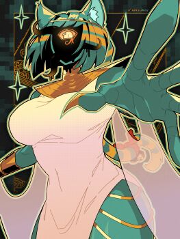 Rule 34 | 1girl, absurdres, ancient egyptian clothes, aqua hair, cat girl, cat tail, cthulhu mythos, cyclops, dress, fingernails, highres, looking at viewer, mature female, medium hair, monster girl, nyanlathotep, one-eyed, reksukoy, sharp fingernails, solo, sucker for love, sucker for love: first date, tail, very long fingernails