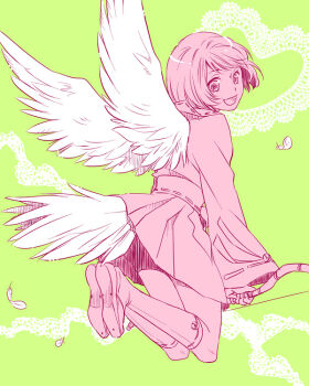 1girl :d bow_(weapon) feathers flying full_body green_background hakama hakama_short_skirt hakama_skirt holding holding_bow_(weapon) holding_weapon japanese_clothes kneehighs legs_up looking_at_viewer minatosu multiple_monochrome open_mouth sengoku_basara short_hair skirt smile socks solo tsuruhime_(sengoku_basara) weapon wings
