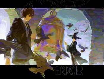 2boys acidiccandles amon_(lord_of_the_mysteries) bell bell_tower bird black_bird black_hair black_hat black_jacket black_necktie black_pants black_robe black_suit brown_hair clock collared_shirt commentary crow english_commentary english_text flock formal_clothes hat jacket klein_moretti letterboxed looking_at_another lord_of_the_mysteries male_focus monocle multiple_boys necktie pants robe roman_numeral shirt short_hair smile suit tower white_shirt witch_hat