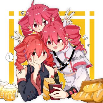 Rule 34 | 3girls, baguette, beer mug, blush, bow, bread, commentary, cup, detached sleeves, double v, drill hair, eating, food, grey jacket, grey skirt, hair bow, jacket, kasane teto, kasane teto (sv), kasane teto (voicepeak), mug, multiple girls, multiple persona, red eyes, red hair, skirt, smile, symbol-only commentary, synthesizer v, twin drills, utau, v, voicepeak, yi xing luren